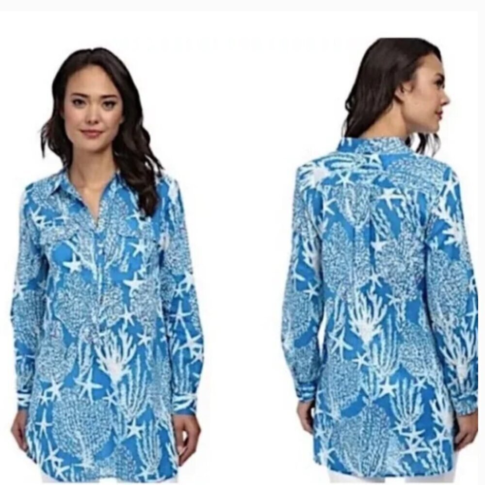 Lilly Pulitzer Captiva Tunic Brewster Blue Good Reef Starfish Tunic Top L 54519